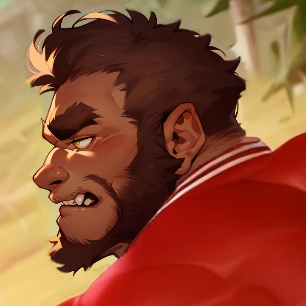 facial hair, beard, thick eyebrows, squinted eyes, looking pleased, side view, werewolf

