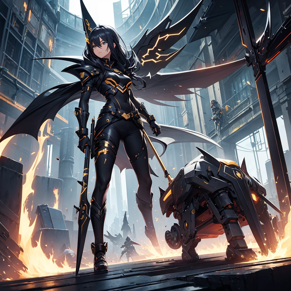 Make a futuristic combat scythe, with a black handle and golden energy. it must be a futuristic construction bench