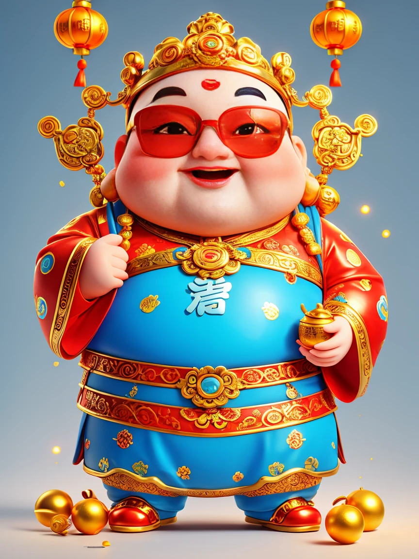 A big one, The fat and cute Chinese God of Wealth，Wearing cool glasses，Holding gold ingot，Finger to you，Pixar style，Furry texture，Dress up in stylish Lunar New Year outfits，orange color，White and blue gallery，Simple white background，POP Mart，Kawaii style，Intense lighting effects，iPhone Photos、Extremely detailed、3d rendering、HD，whole body，(Vision 1.5）, (UHD, masterpiece, precise, Anatomically correct, Super Detail, high quality, best quality, 8K)