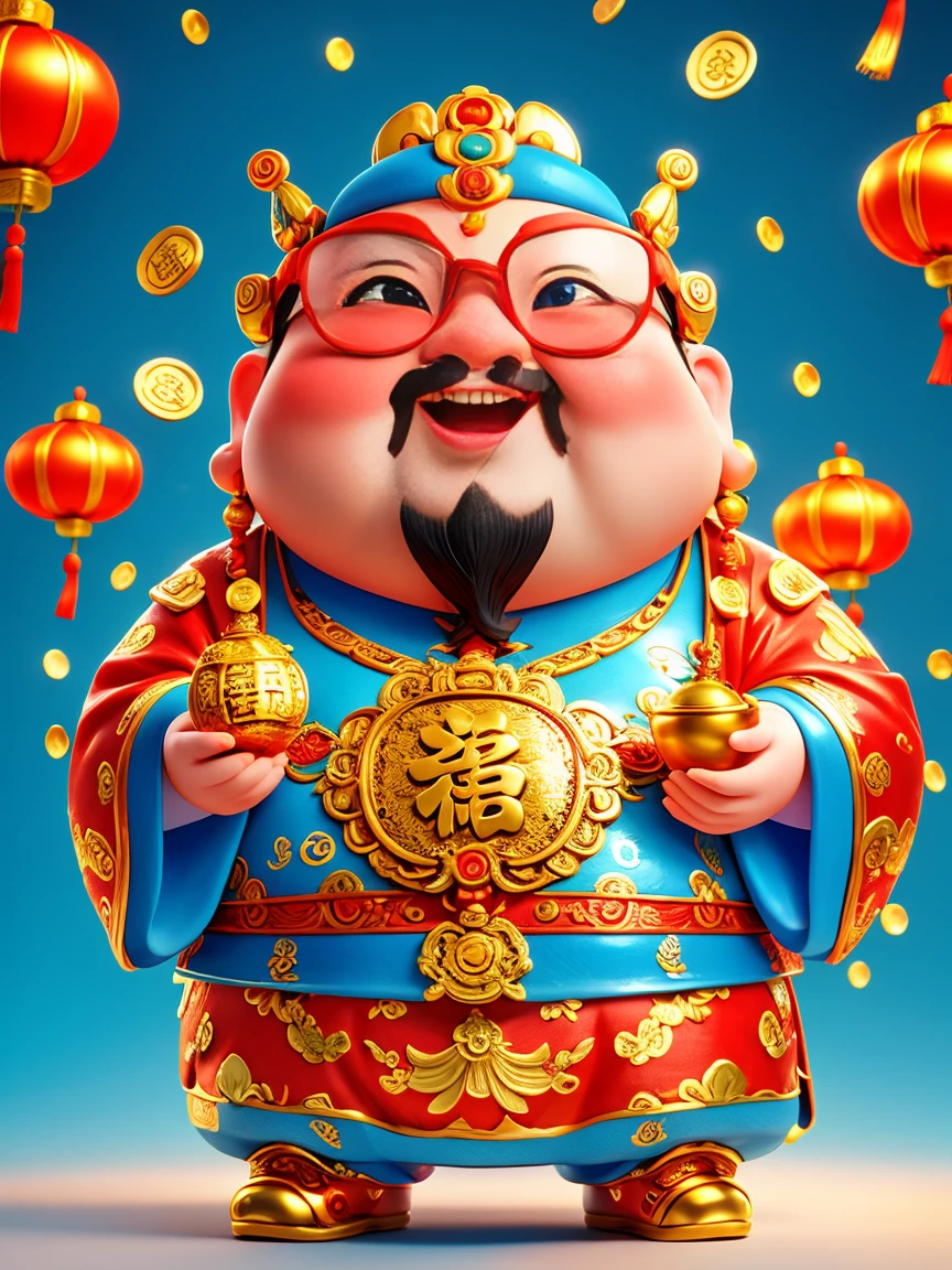 A big one, The fat and cute Chinese God of Wealth，Wearing cool glasses，Holding gold ingot，Finger to you，Pixar style，Furry texture，Dress up in stylish Lunar New Year outfits，orange color，White and blue gallery，Simple white background，POP Mart，Kawaii style，Intense lighting effects，iPhone Photos、Extremely detailed、3d rendering、HD，whole body，(Vision 1.5）, (UHD, masterpiece, precise, Anatomically correct, Super Detail, high quality, best quality, 8K)