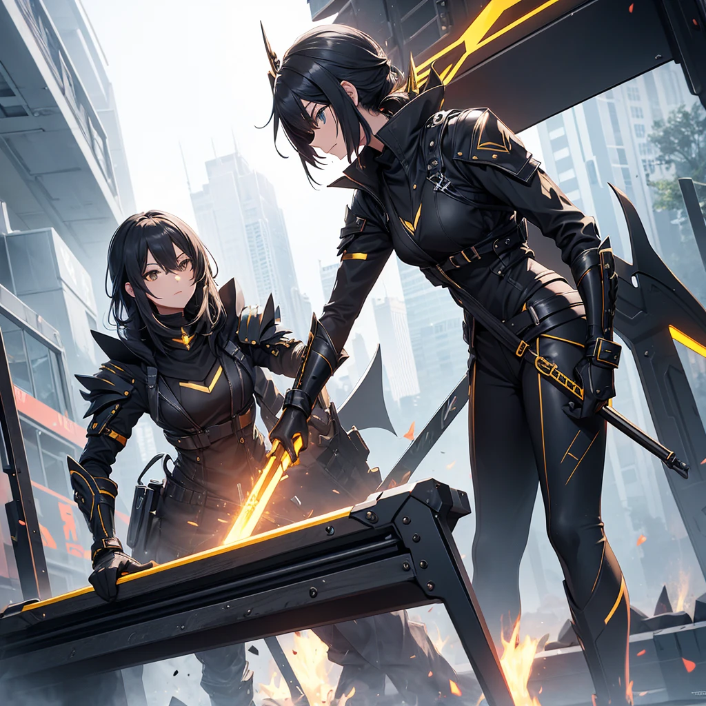Make a futuristic combat scythe, with a black handle and golden energy. it must be a futuristic construction bench