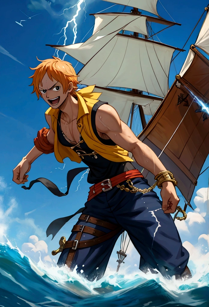 A male one piece pirate with the ability to use lightning who is 17 years old and super excited