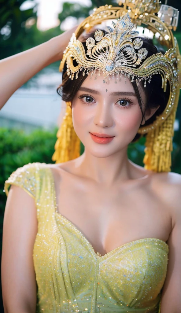 1 Girl, Beautiful, Russian Baby Face, 20 Years Old, White Skin, Colossal Breast, ((muscles:1.3)), Illustrate a beautiful girl close up dressed in kebaya, set against the backdrop of a Balinese temple. Ensure that the image is photorealistic and of top-quality 8K HDR, capturing every intricate detail of the scene.,kebaya,kebaya indonesia,p3rfect ,cleavage