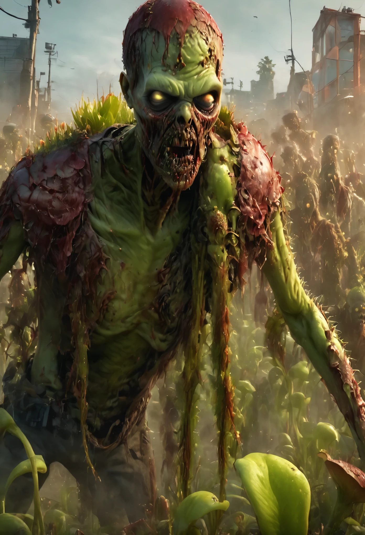 wide shot, full body, fight scene, ((carnivorous plant Vs zombie: 1.5)), vibrant and highly detailed colors, dynamic composition (best quality, 4k, 8k, high resolution, masterpiece: 1.2), ultra-detailed, (realistic , photorealistic, photorealistic: 1.37), cinematic lighting, surreal, fantasy, digital art