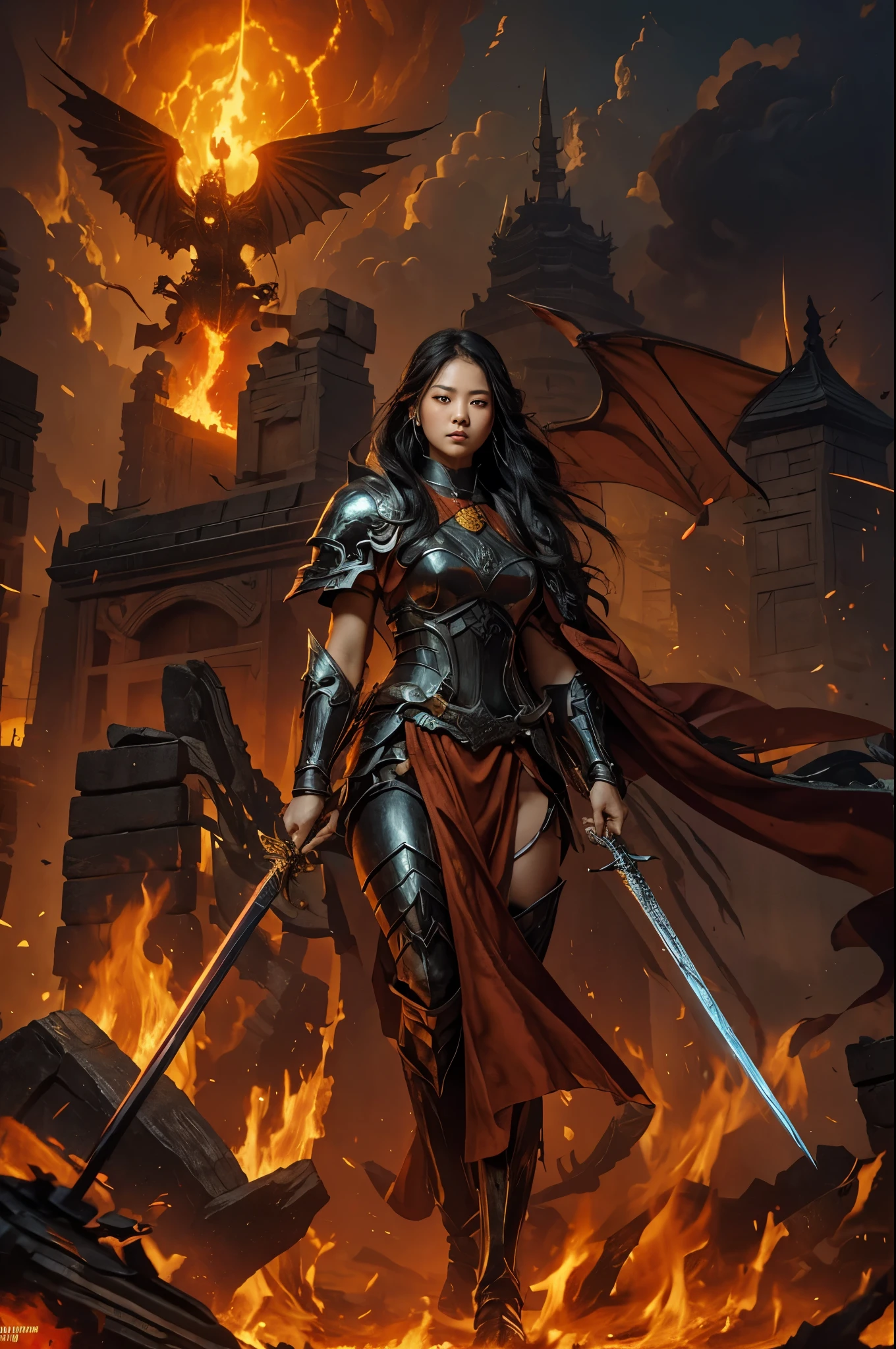 a masterpiece of mythology, a 26 year old Korean girl wearing a black warrior outfit complete with armor tightening her hands holding a large bloody sword b, bowed thrusting the sword, a large fiery red-eyed bird with red eyes emitting fire in its mouth looking angry, an old Shaolin temple building behind a big explosion shooting big dirty smoke, with sword,, girl hiding from big explosion, dragon, destruction, thick smoke big fire red blood