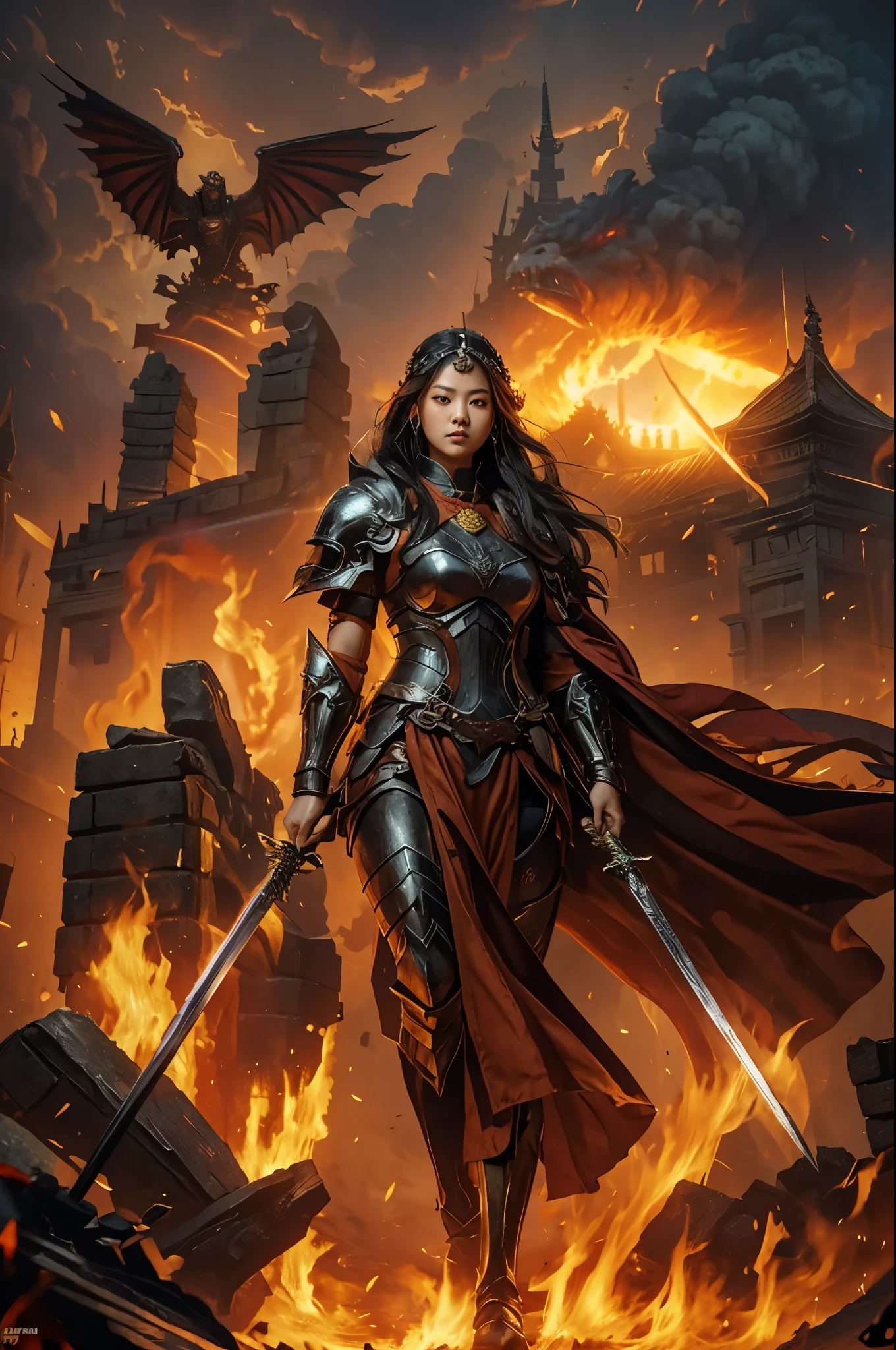 a masterpiece of mythology, a 26 year old Korean girl wearing a black warrior outfit complete with armor tightening her hands holding a large bloody sword b, bowed thrusting the sword, a large fiery red-eyed bird with red eyes emitting fire in its mouth looking angry, an old Shaolin temple building behind a big explosion shooting big dirty smoke, with sword,, girl hiding from big explosion, dragon, destruction, thick smoke big fire red blood