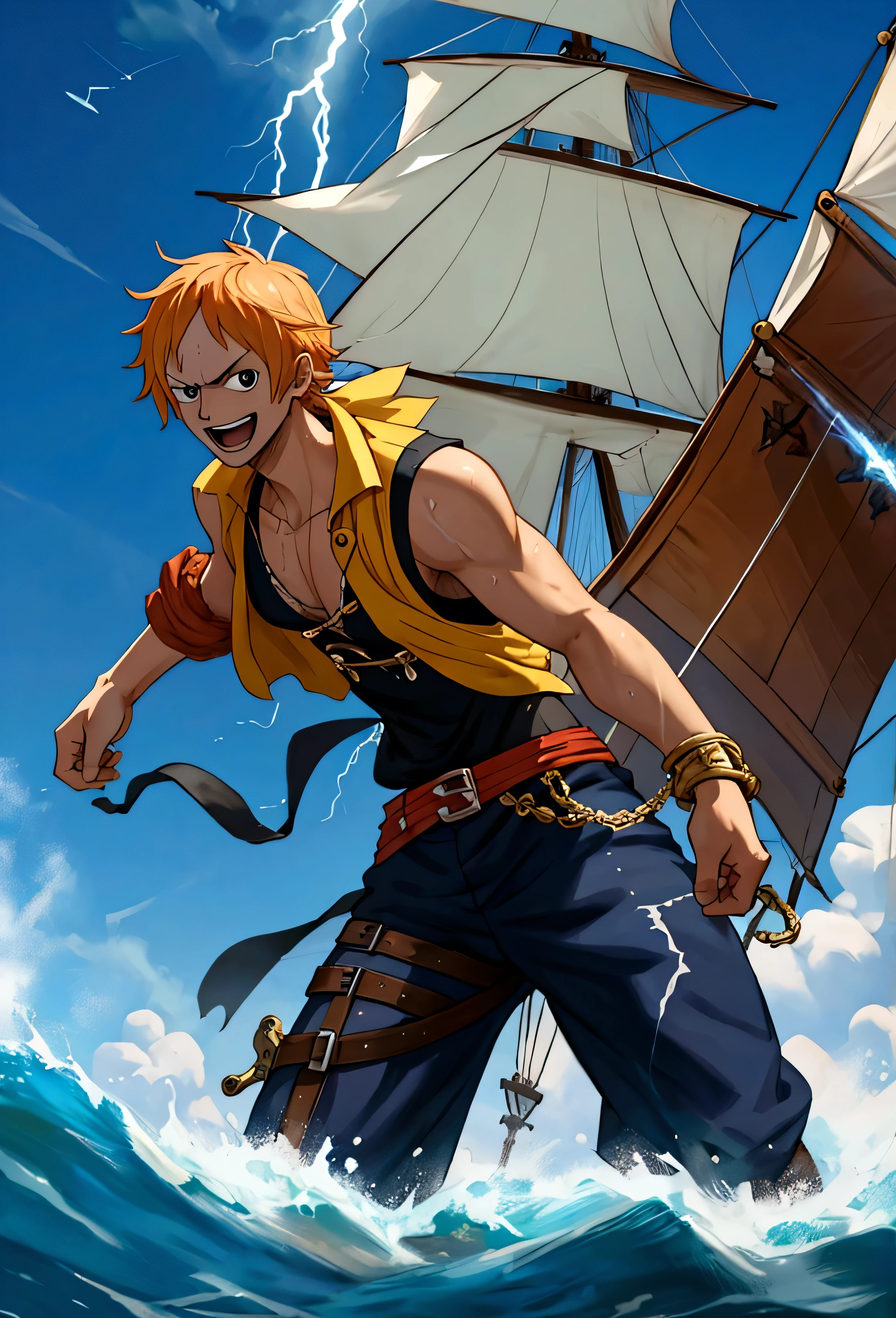 A male one piece pirate with the ability to use lightning who is 17 years old and super excited