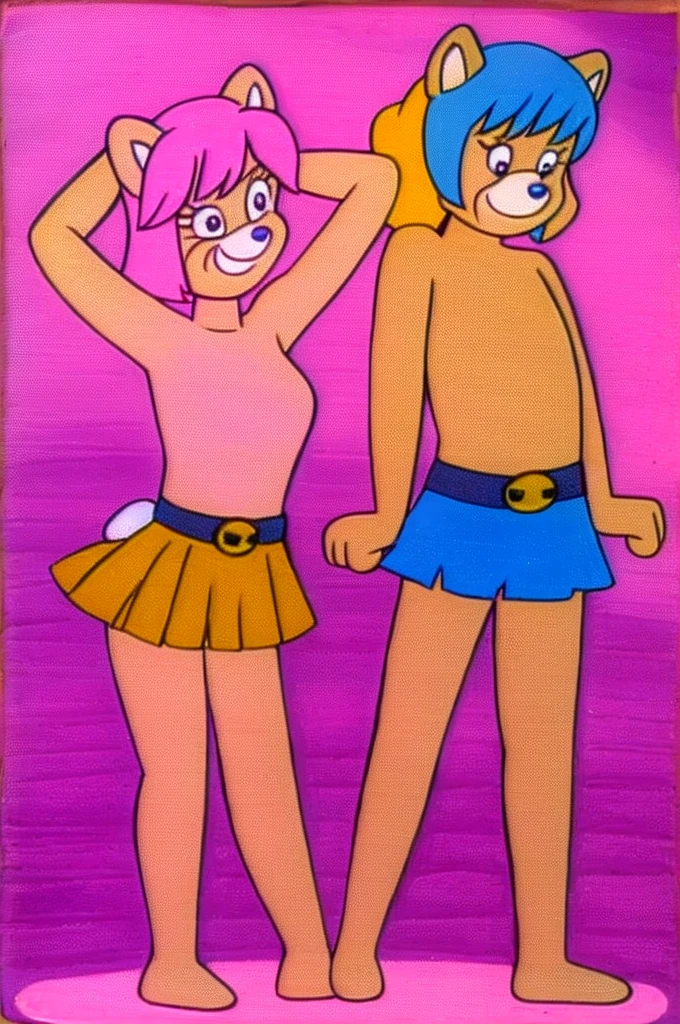 
Furry Yellow bunny with white eyes with hot pink pupil and pink collar with a heart, with mat instead of chest without clothes just a skirt cartoonish, hanna barbera style, Women, Mexican pink volume skirt, BALD, in cute pose and Red redish red panda, women, emo Style, dot eyes, short hair, dark blue belt, no skirt
2 people