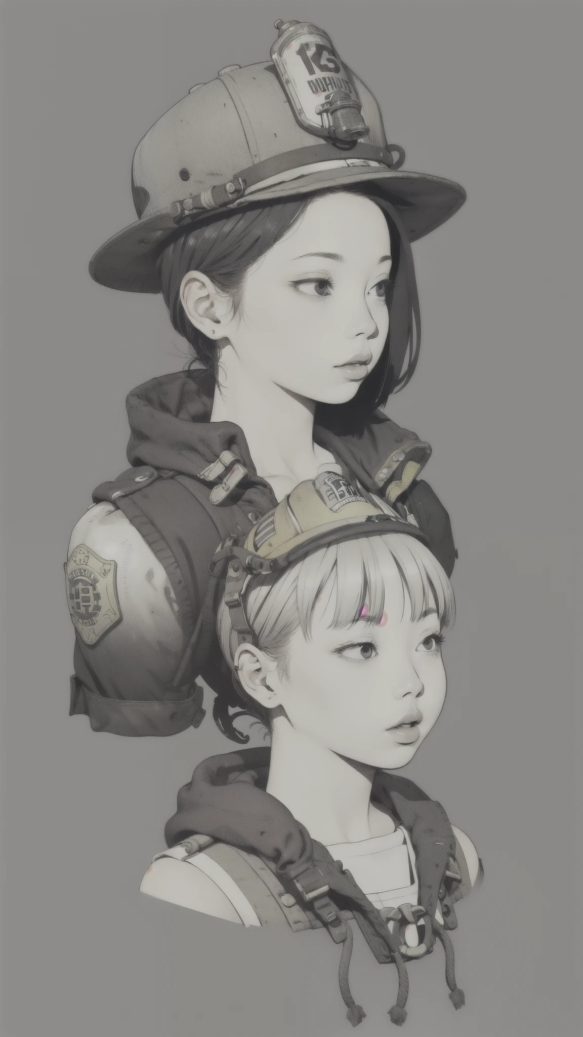 monochromatic、Girl、Asian、Moderate bust、Simple Background、solo、slender、1 person、Firefighter