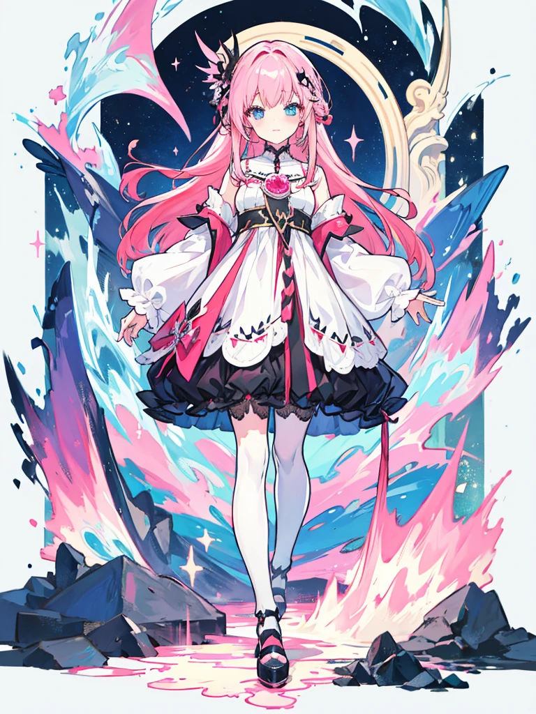 fantasy world girl with colorful hair, accessories, detailed clothes, black tights, white and red clothes, pink hair, blue eyes