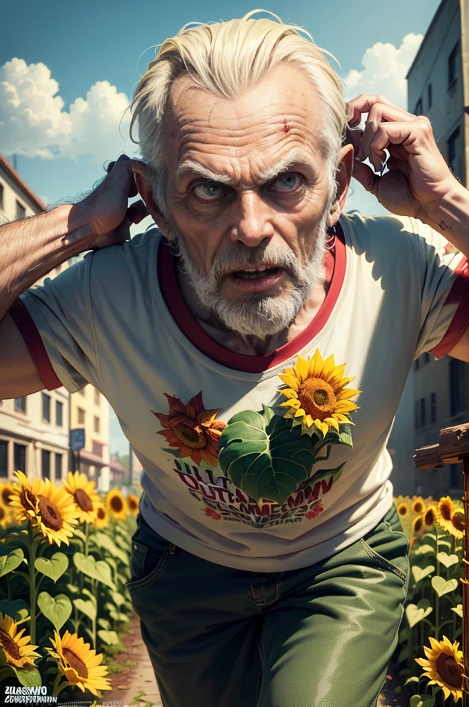 (((best quality))),(((ultra detailed))),(((masterpiece))),illustration,1 zombie,old man,sunflower,cherry bomb,peashooter,squash vine,zombie-eating plant,zombie,grunt,pole-vaulting zombie,football-carrying zombie,strategic,addictive,gardening,zombie-slaying,colorful graphics,charming animation,entertaining,mindless fun