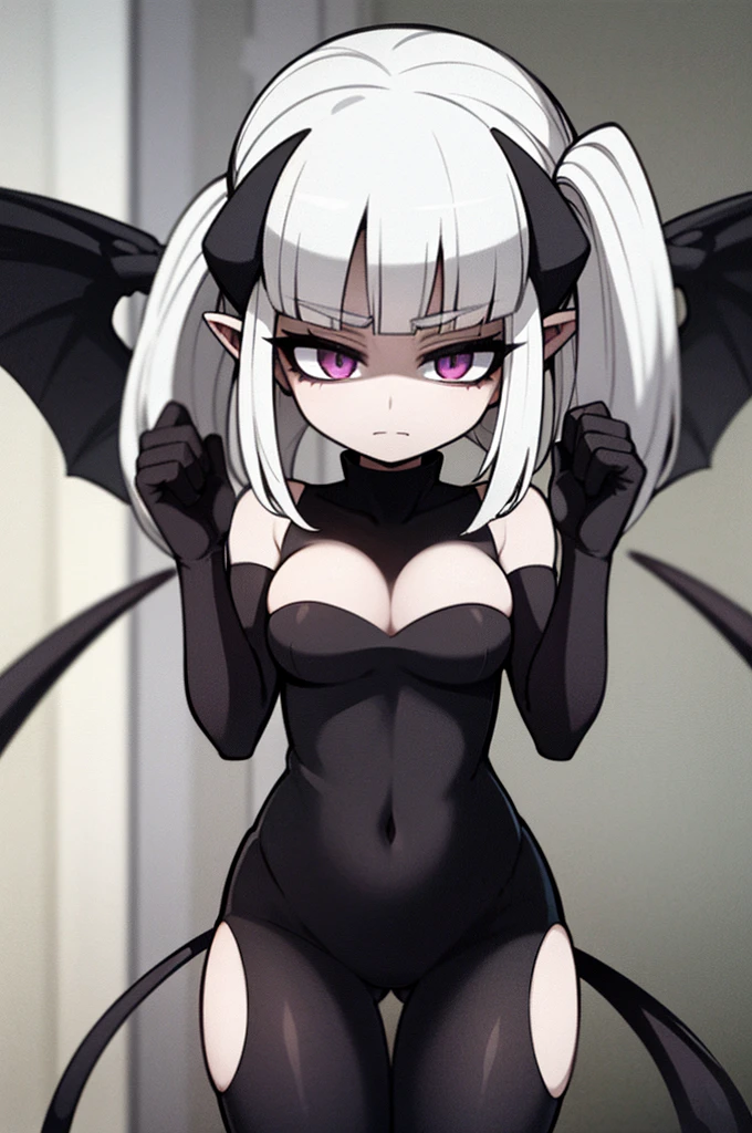 is portrayed as a short demon girl with pale skin, a black arrow-tipped tail, and silvery-white hair. Her irises are gray because she is blind