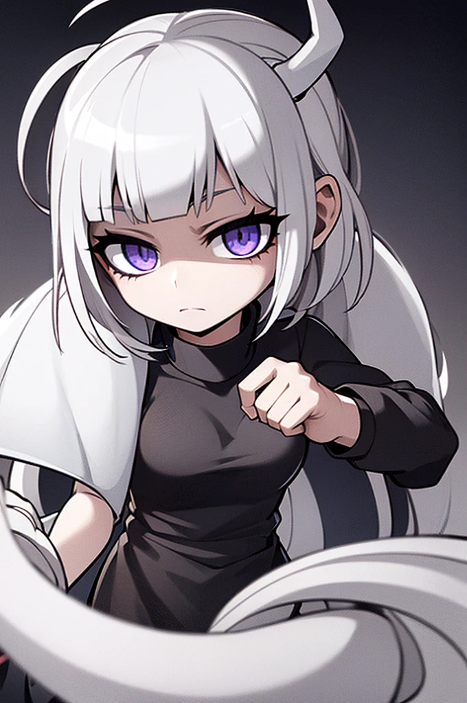 is portrayed as a short demon girl with pale skin, a black arrow-tipped tail, and silvery-white hair. Her irises are gray because she is blind