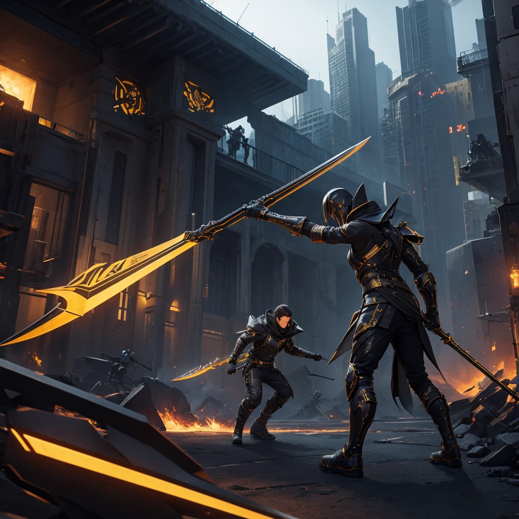 Make a futuristic combat scythe, with a black handle and golden energy. it must be a futuristic construction bench