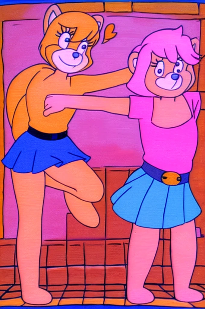 Furry Yellow bunny with white eyes with hot pink pupil and pink collar with a heart, with mat instead of chest without clothes just a skirt cartoonish, hanna barbera style, Women, Mexican pink volume skirt, BALD, in cute pose and Red redish red panda, women, emo Style, dot eyes, short hair, dark blue belt, no skirt
2 people