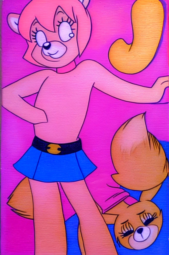 
Furry Yellow bunny with white eyes with hot pink pupil and pink collar with a heart, with mat instead of chest without clothes just a skirt cartoonish, hanna barbera style, Women, Mexican pink volume skirt, BALD, in cute pose and Red redish red panda, women, emo Style, dot eyes, short hair, dark blue belt, no skirt
2 people