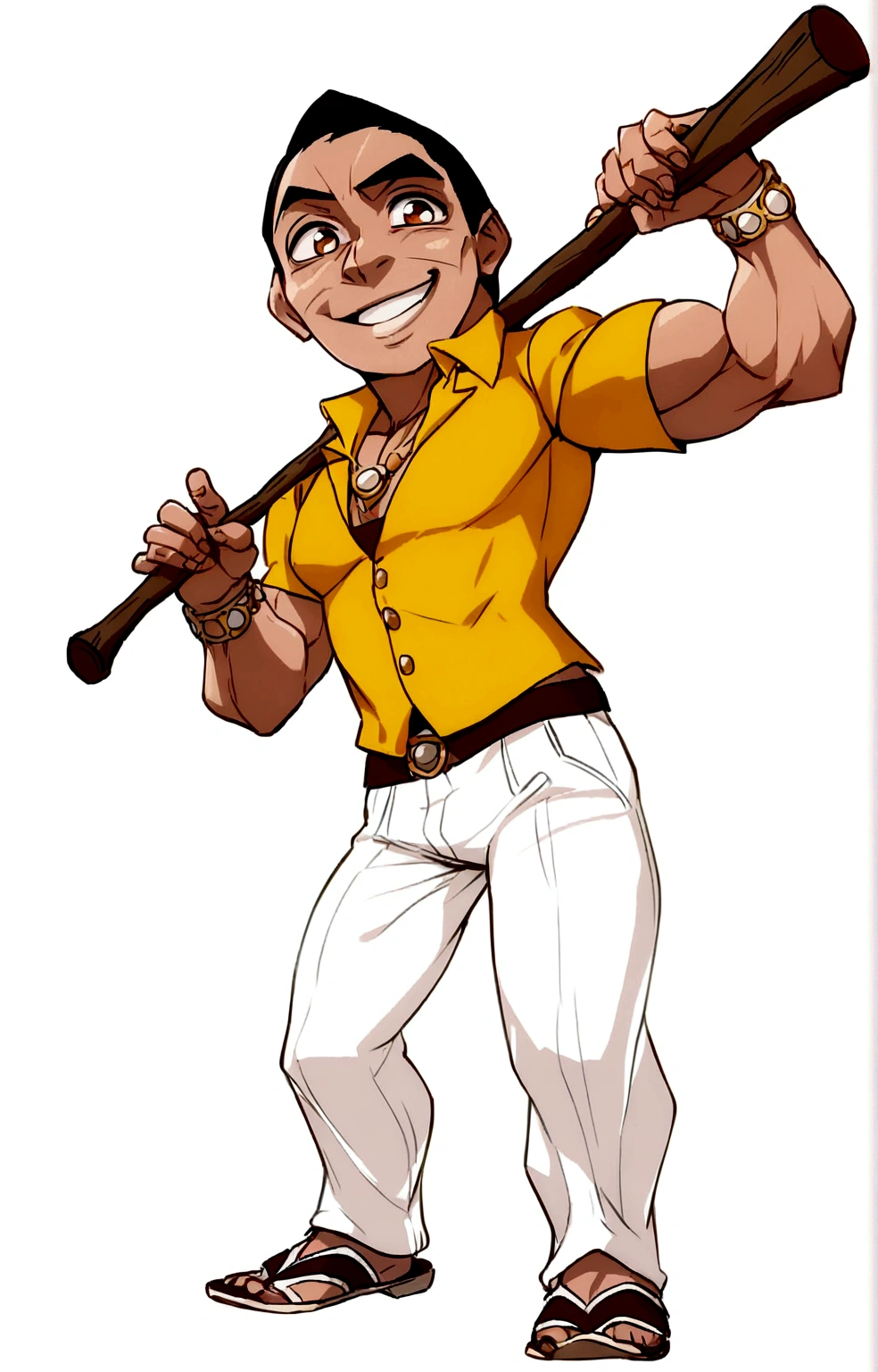(((use image))), charachter (muscular), (with an angry face), no smile, (holding a wooden stick), (black jersey), less tight clothing,