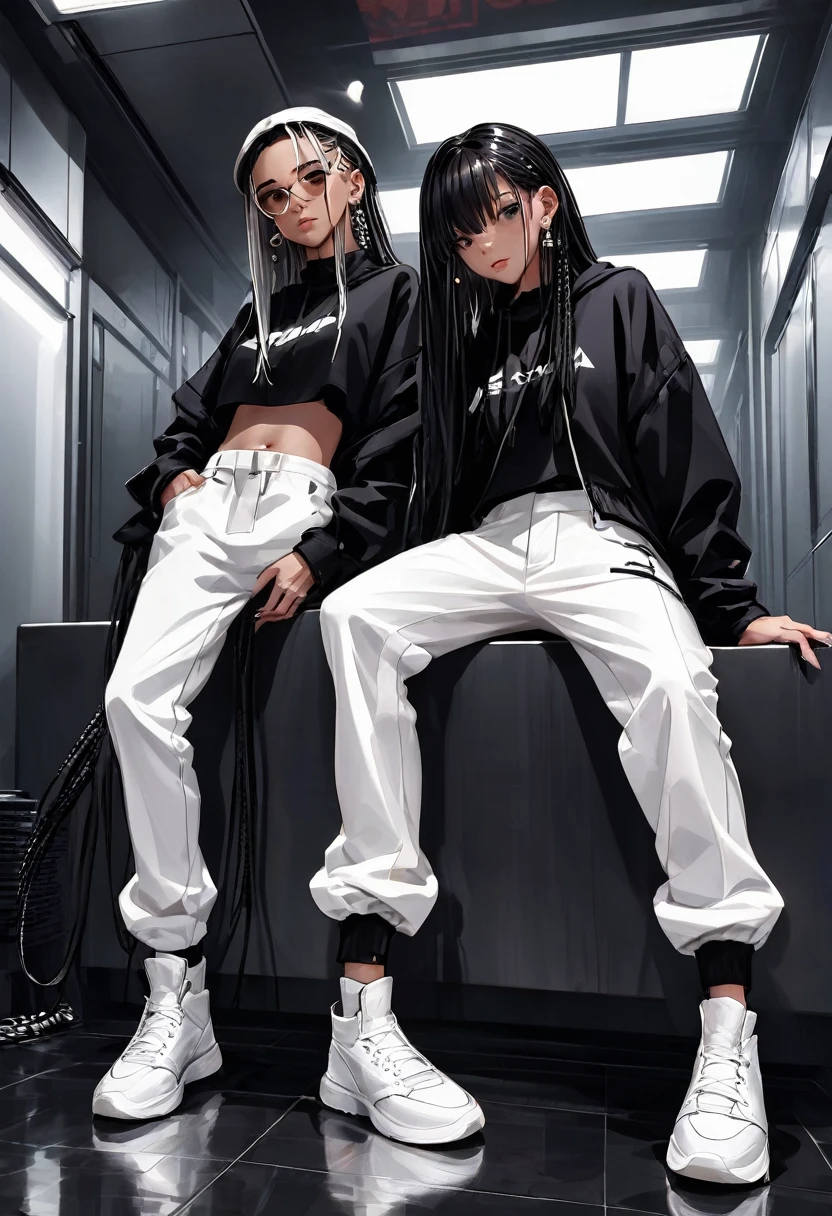 Two boys had dreadlocks on their heads. And there is a slight slit on the side.,Black flare pants and white sneakers., rapper style, Cyberpunk and 3 girls