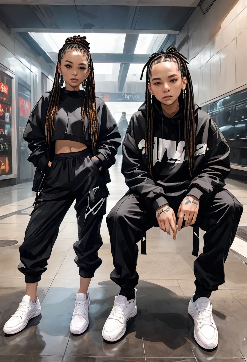 Two boys had dreadlocks on their heads. And there is a slight slit on the side.,Black flare pants and white sneakers., rapper style, Cyberpunk and 3 girls