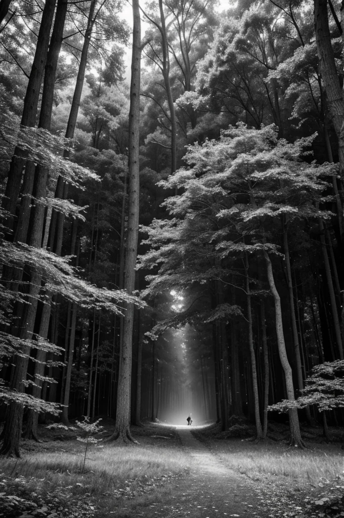 that does not exist, it could be an enchanted forest inhabited by mystical creatures and beings of nature. in black and white