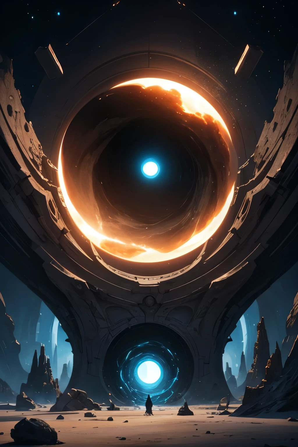 Gigantic Dimensional Portal, similar to black holes but formed in a strange way, intricate, realism, art in the style of François Baranger. Cosmicism evident in the images.
