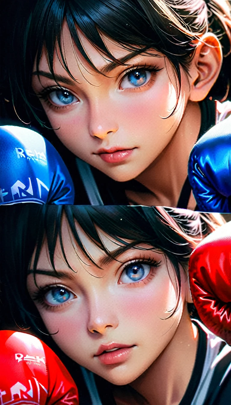 8K, best quality, masterpiece, Ultra-high resolution, (realism: 1.4), original photo, (Realistic skin texture: 1.3), (Film Grain: 1.3), (Selfie Angle), 2. girl, Beautiful eyes and face details, masterpiece, best quality, close up, Upper Body, Looking at the audience, Boxing Match, Boxing gloves, Boxing sportswear,Mouthguard, There are bruises on the face, Photos after the fight