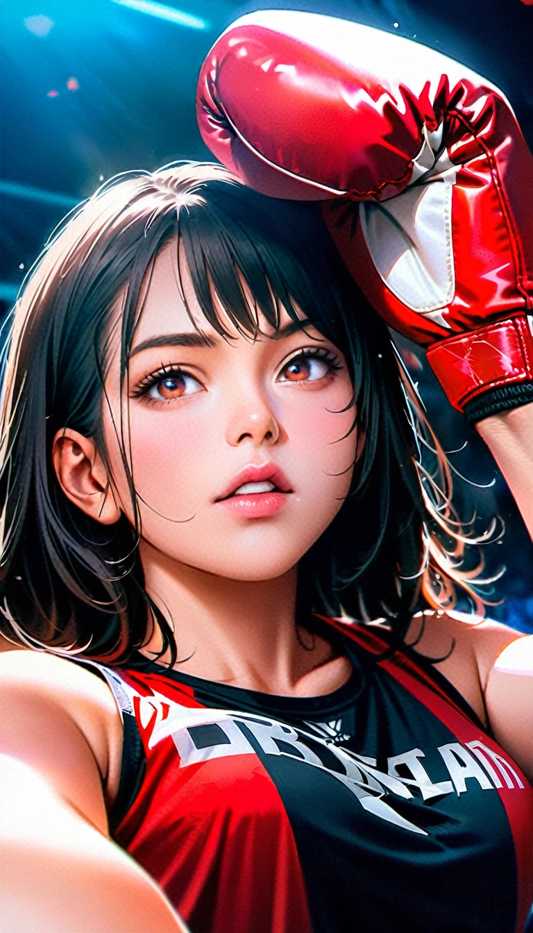 8K, best quality, masterpiece, Ultra-high resolution, (realism: 1.4), original photo, (Realistic skin texture: 1.3), (Film Grain: 1.3), (Selfie Angle), 2. girl, Beautiful eyes and face details, masterpiece, best quality, close up, Upper Body, Looking at the audience, Boxing Match, Boxing gloves, Boxing sportswear,Mouthguard, There are bruises on the face, Photos after the fight