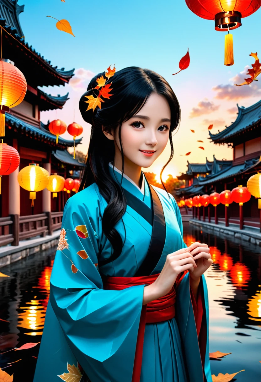 official art, unity 8k wallpaper, (masterpiece:1.2), (epic composition:1.4), (talent:1.2), ultra detailed, cinematic lighting, highly detailed, insanely detailed, (photorealistic:1.2), hdr, 8k, exquisite, sharp, elegant, ambient lighting, fantasy vivid colors, high quality, beautiful and aesthetic, (Fire, water, ribbon, paper cutting), (fractal art:1.3) 1girl,building, (solo:1.5), chinese_clothes, sky, outdoors, wide_sleeves, black_hair, sunset, (falling_leaves:1.2), antern, (paper_lantern:1.5),blue sky, (outdoors:1.5),hanfu, (rainbow-candy:0.8), (style-swirlmagic:0.8), looking at camera, smiling