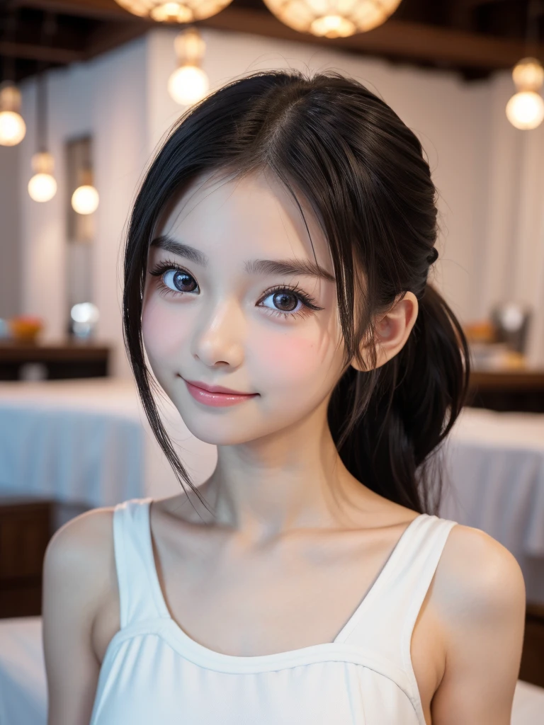 One Girl,Very cute girl at ,Big eyes:0.5,The face is facing straight ahead,Body facing forward,Beautiful nose,Fuller lips,Short black hair,ponytail,Detailed eyelashes,Thin eyebrows,Symmetrical eyes,Face close-up,White swimsuit,Portrait,View Viewer, half smile:0.5,