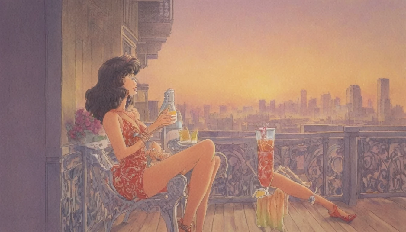 (80's, Retro), (Album cover), (masterpiece, Highest quality, Intricate details), ,pop,Retro,Emotional,Woman relaxing on the balcony,Relax with a drink,