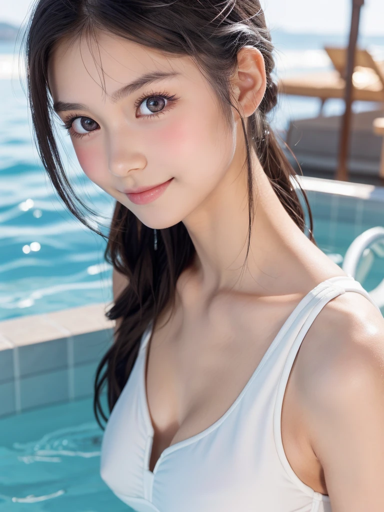 One Girl，Very cute girl ，Big eyes:0.5，The face is facing straight ahead，Body facing forward，Beautiful nose，Fuller lips，Short black hair，ponytail，Detailed eyelashes，Thin eyebrows，Symmetrical eyes，Face close-up，White swimsuit，Portrait，View Viewer, half smile:0.5,