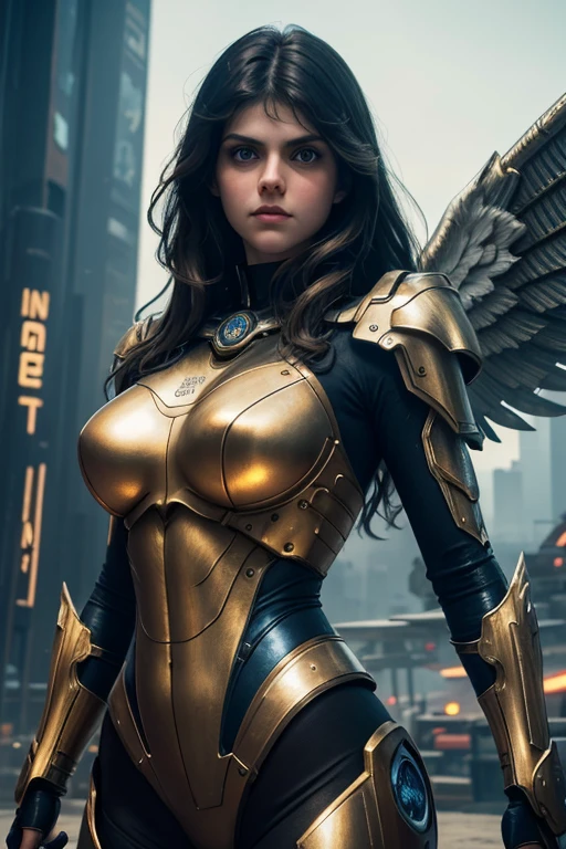Alexandra Daddario, masterpiece,(bestquality),highlydetailed,ultra-detailed,1girl, strong, powerful, (mechanicalwings:golden,glowingeyes:blue,goldenrarmor:1.2,elongatedears:0.8),(cyberpunkcity:1.5,weapon:energyblade),(fantasylandscape:1.2,natural lighting:1.5,confidentexpression),(panorama:1.2),mecha, smirk,angle,Angels, wings,gold,raw,close up