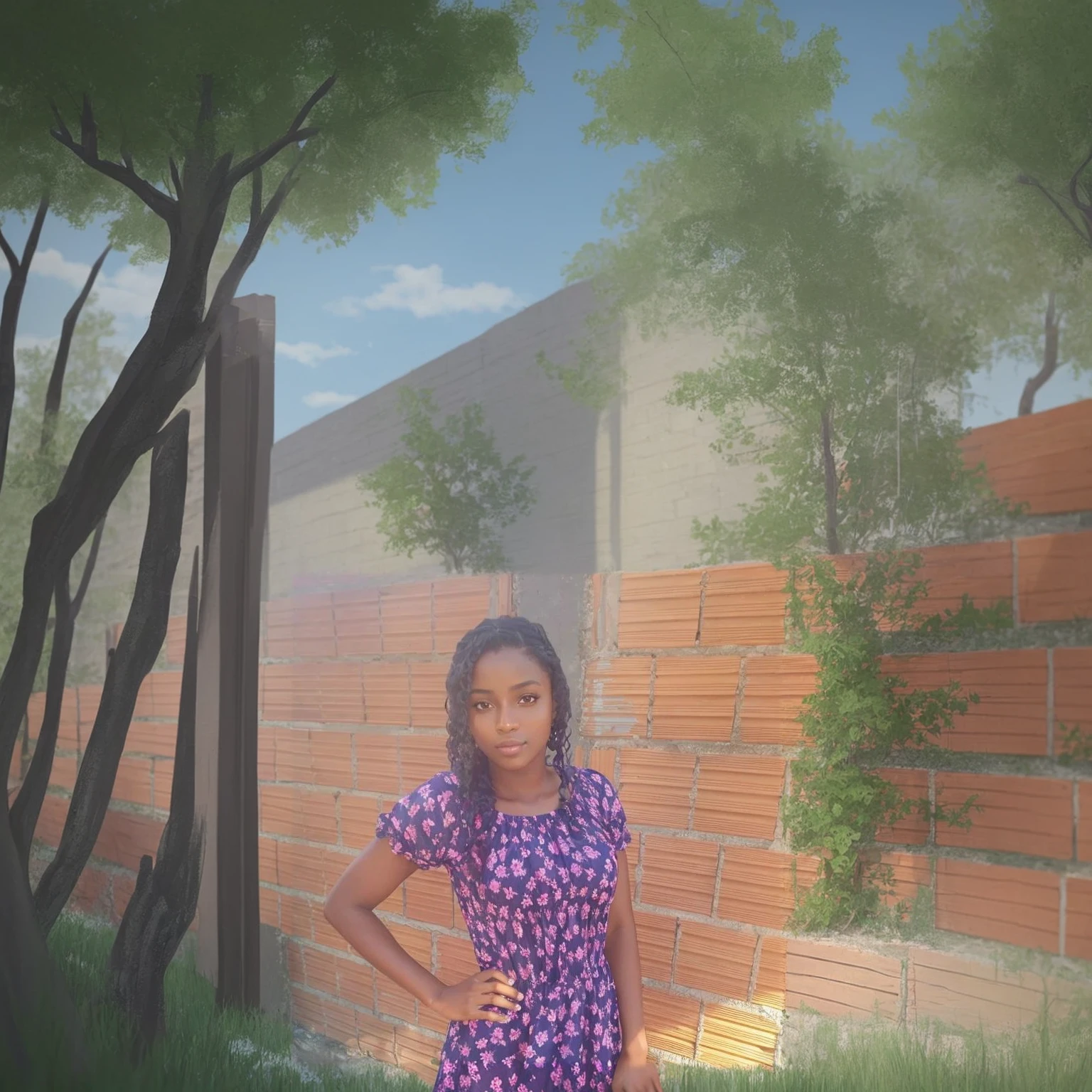 Afternoon in the sun, backyard with brick wall, ground with lawn and some trees.