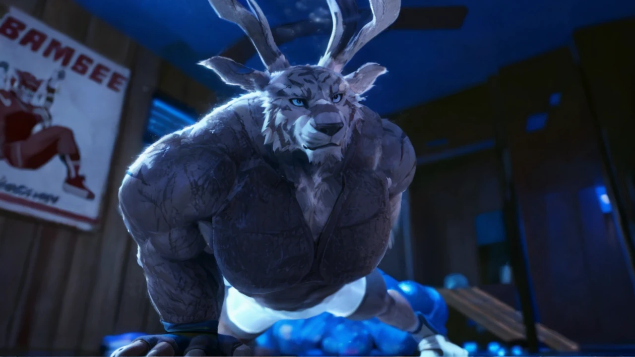 a white tiger mercenary in a gym, black gym shorts, fingerless gloves, gym shoes, doing pushups, muscular, dynamic pose, intricate details, cinematic lighting, photorealistic, 4k, high resolution, best quality, masterpiece
