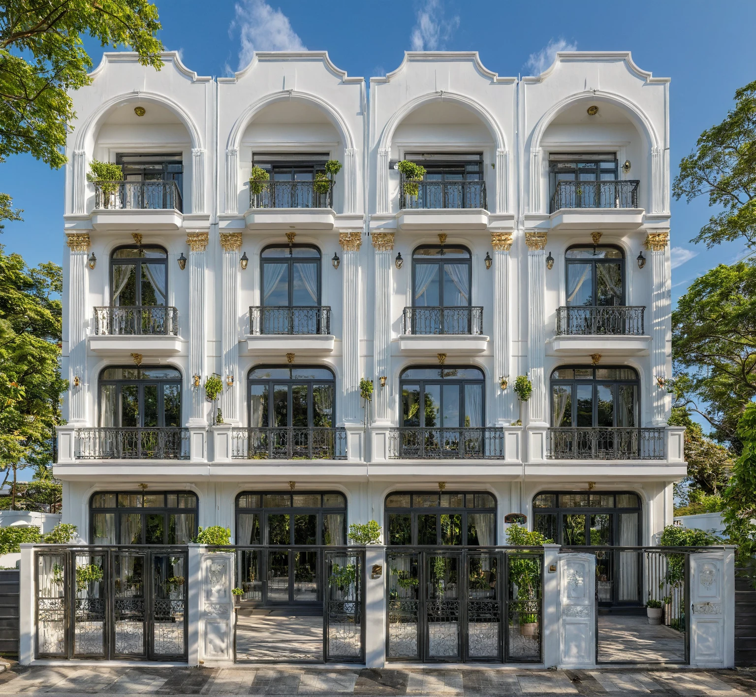 villa néo classique sur rue, (lumière du jour), arbre tropical, couleur vive, paysages de rue, ton blanc, mur blanc, grande porte vitrée, éclairage intérieur chaleureux, bois et marbre, meilleure qualité, 20 ArchiAI_XL_NéoTH-v2
