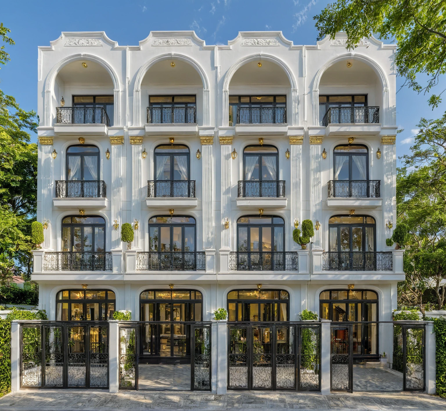 villa néo classique sur rue, (lumière du jour), arbre tropical, couleur vive, paysages de rue, ton blanc, mur blanc, grande porte vitrée, éclairage intérieur chaleureux, bois et marbre, meilleure qualité, 20 ArchiAI_XL_NéoTH-v2