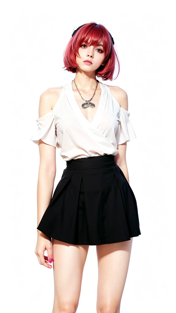 1 girl, short hair, pink red color hair, choclote eyes color, white suit, black mini skirt, beautiful girl, cool girl, sexy girls, ultra detail, realistic, cosplayer, 80 mn lens 