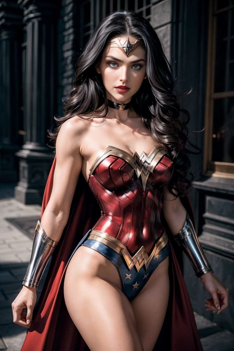 beautiful sexy sensual nun superheroine Wonder Woman black long hair blue eyes white skin red lips slim muscular aristocratic body