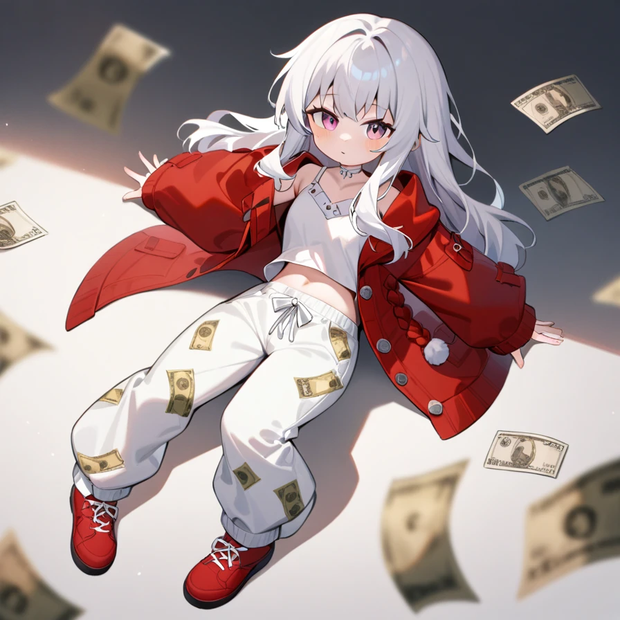 ,1girl,solo,full body,,Clara,red jacket,jacket,long sleeves,open clothes,sweater,dollar bill pants, dollar pants, dollar bills on pants, white pants,looking_at_viewer,masterpiece, best quality, very aesthetic, absurdres