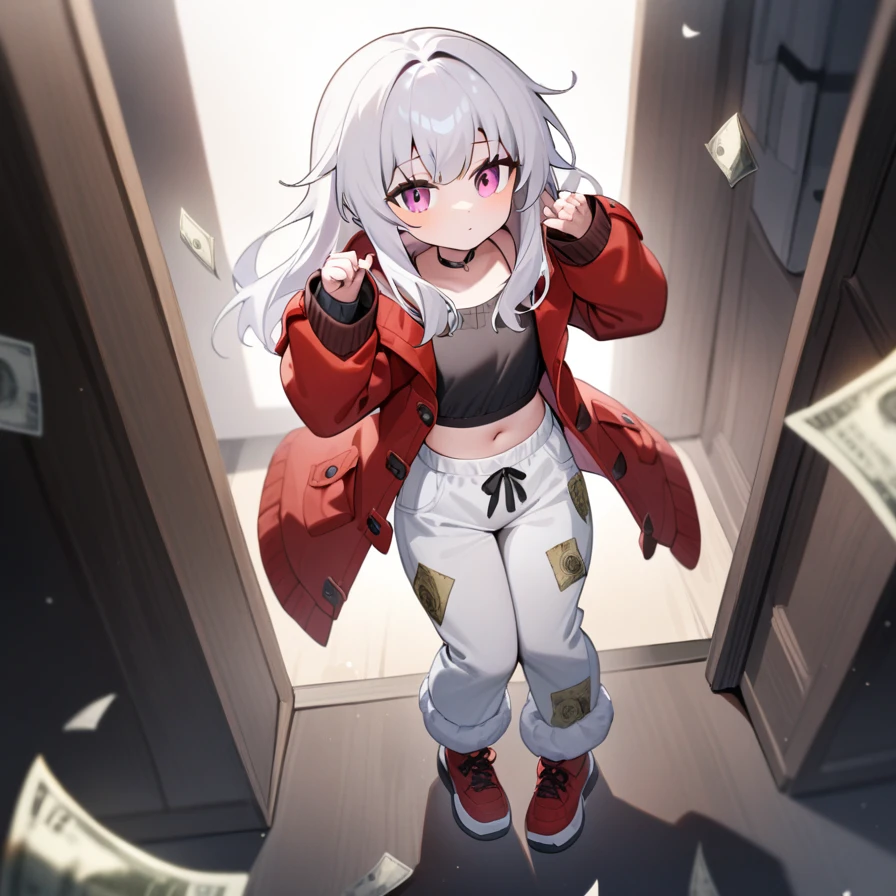 ,1girl,solo,full body,,Clara,red jacket,jacket,long sleeves,open clothes,sweater,dollar bill pants, dollar pants, dollar bills on pants, white pants,looking_at_viewer,masterpiece, best quality, very aesthetic, absurdres