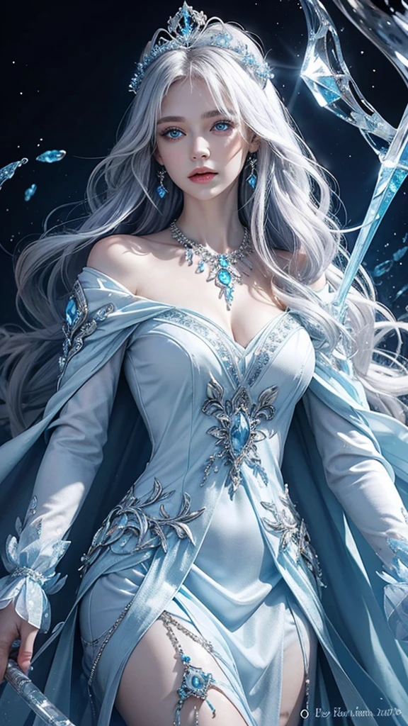 ice World Ice Background Fantasy Elderly Ice Witch long blue eyes White skin White, long, curly, wavy hair Ice Crown Tiara Blue embellished long sleeve A-line dress Gorgeous necklace Gorgeous earrings Cape Holding an ice stick