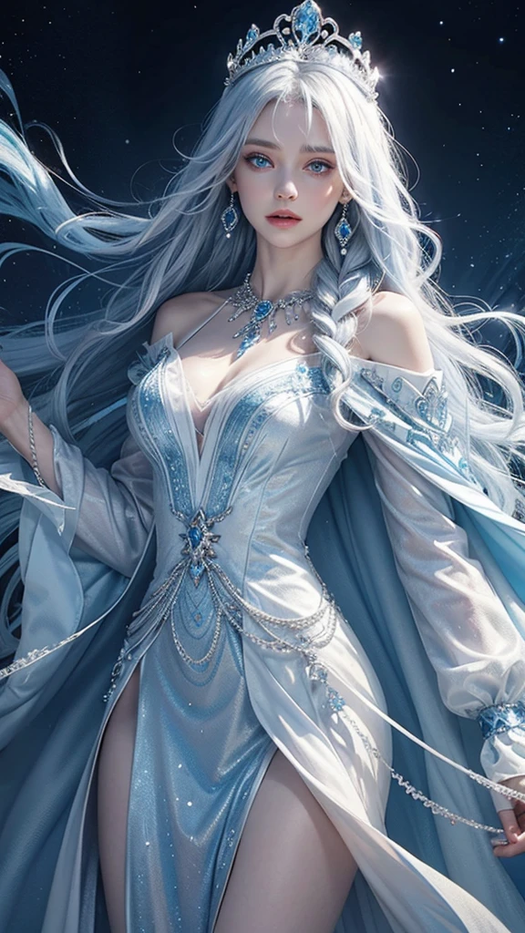 ice World Ice Background Fantasy Elderly Ice Witch long blue eyes White skin White, long, curly, wavy hair Ice Crown Tiara Blue embellished long sleeve A-line dress Gorgeous necklace Gorgeous earrings Cape Holding an ice stick