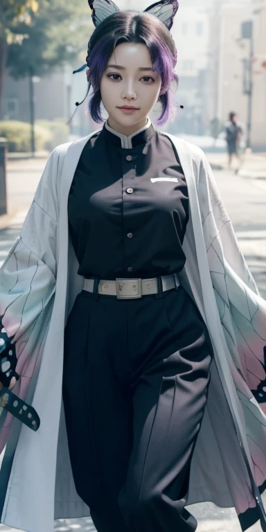 shinobukochou, shinobu kochou, animal print, black hair, butterfly, butterfly hair ornament, butterfly print, forehead, gradient hair, hair ornament, haori, multicolored hair, parted bangs, purple hair, short hair, two-tone hair,
BREAK belt, black pants, butterfly print, coat, demon slayer uniform, haori, japanese clothes, pants, uniform, cleavage,
BREAK looking at viewer,
BREAK city,
BREAK (masterpiece:1.2), best quality, high resolution, unity 8k wallpaper, (illustration:0.8), (beautiful detailed eyes:1.6), extremely detailed face, perfect lighting, extremely detailed CG, (perfect hands, perfect anatomy),