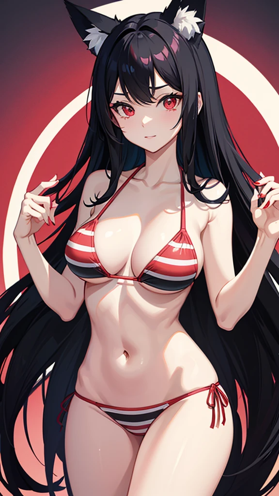 An adult woman, half fox, black hair with red stripes, pink and red eyes, in a bikini, standing, and very sexy