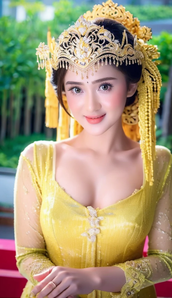 1 Girl, Beautiful, Russian *********, 20 Years Old, White Skin, Colossal Breast, ((muscles:1.3)), Illustrate a beautiful girl close up dressed in kebaya, set against the backdrop of a Balinese temple. Ensure that the image is photorealistic and of top-quality 8K HDR, capturing every intricate detail of the scene.,kebaya,kebaya indonesia,p3rfect ,cleavage