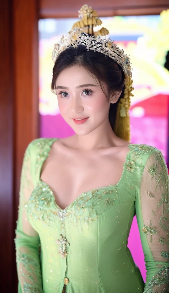 1 Girl, Beautiful, Russian , 20 Years Old, White Skin, Colossal Breast, ((muscles:1.3)), Illustrate a beautiful girl close up dressed in kebaya, set against the backdrop of a Balinese temple. Ensure that the image is photorealistic and of top-quality 8K HDR, capturing every intricate detail of the scene.,kebaya,kebaya indonesia,p3rfect ,cleavage