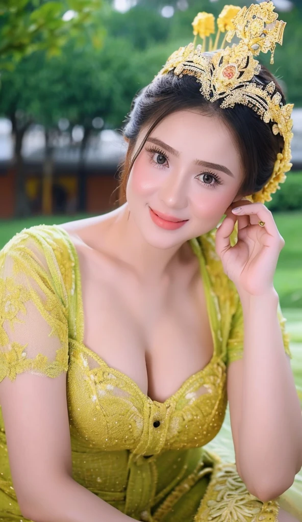 1 Girl, Beautiful, Russian Baby Face, 20 Years Old, White Skin, Colossal Breast, ((muscles:1.3)), Illustrate a beautiful girl close up dressed in kebaya, set against the backdrop of a Balinese temple. Ensure that the image is photorealistic and of top-quality 8K HDR, capturing every intricate detail of the scene.,kebaya,kebaya indonesia,p3rfect ,cleavage