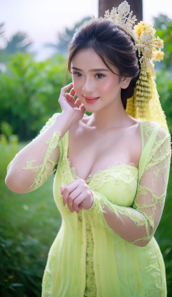 1 Girl, Beautiful, Russian Baby Face, 20 Years Old, White Skin, Colossal Breast, ((muscles:1.3)), Illustrate a beautiful girl close up dressed in kebaya, set against the backdrop of a Balinese temple. Ensure that the image is photorealistic and of top-quality 8K HDR, capturing every intricate detail of the scene.,kebaya,kebaya indonesia,p3rfect ,cleavage