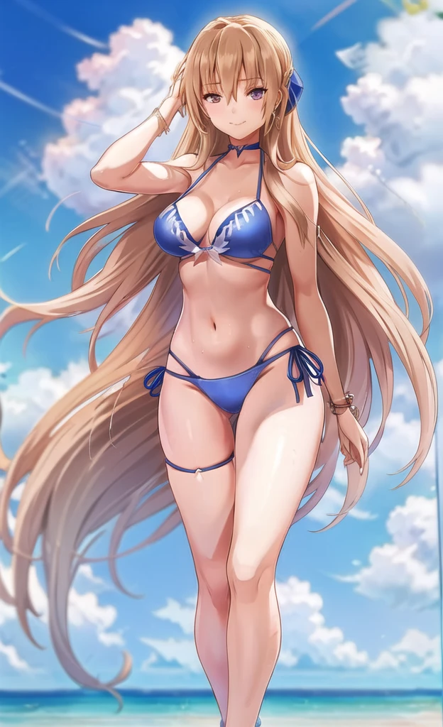 Anime Artwork Highly Detailed CG Unity 8K Wallpaper, Realistic, A girl by Guido Daniele, Swimwear, Long Hair, chest, bikini, alone, close your eyes, belly button, Day, Outdoor, chestの谷間, blue bikini, Blonde, smile, null, blue null, very Long Hair, cloud, medium chest, side-tie bikini bottom, Blurred, clavicle, ribbon, Mouth closed, Blurred background, Thigh Gap, put your hands in your hair, thigh ribbon, Halter neck, Are standing, jewelry, handrail, bangs, Stomach, Thigh straps, Floating Hair, Bare shoulders 