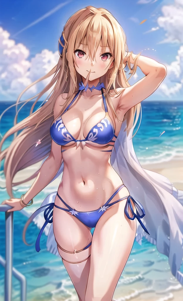 Anime Artwork Highly Detailed CG Unity 8K Wallpaper, Realistic, A girl by Guido Daniele, Swimwear, Long Hair, chest, bikini, alone, close your eyes, belly button, Day, Outdoor, chestの谷間, blue bikini, Blonde, smile, null, blue null, very Long Hair, cloud, medium chest, side-tie bikini bottom, Blurred, clavicle, ribbon, Mouth closed, Blurred background, Thigh Gap, put your hands in your hair, thigh ribbon, Halter neck, Are standing, jewelry, handrail, bangs, Stomach, Thigh straps, Floating Hair, Bare shoulders